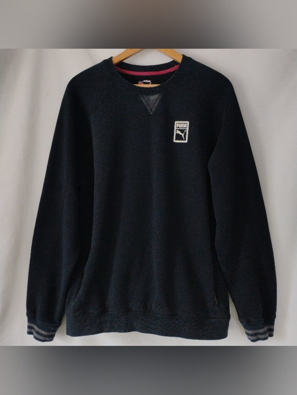 PUMA Men's Size Large Dark Navy Pullover Sweatshirt Varsity Cuffs Zip Pockets L